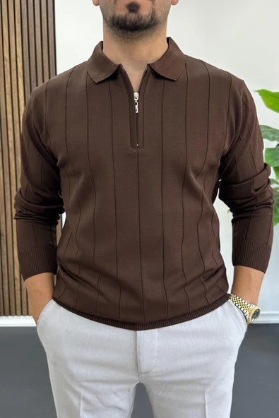 Erkek Yarım Fermuarlı Polo Yaka Mevsimlik Kazak Kahverengi Edw195 ürün görseli