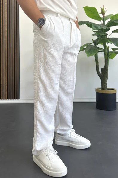 Erkek Beli Düğmeli Rahat Kalıp Yazlık Pantolon Beyaz Edw393 - Resim 2
