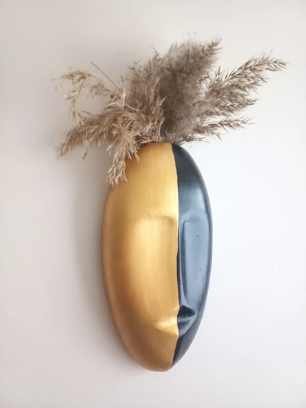 İki Renkli Soyut İnsan Yüzü Duvar Vazosu, Maske Duvar Süsü, Aksesuar Siyah-Gold - Resim 2