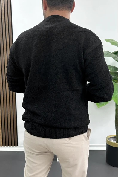 Erkek Bisiklet Yaka Buklet Kumaş Kazak Siyah Edw419 - Resim 3