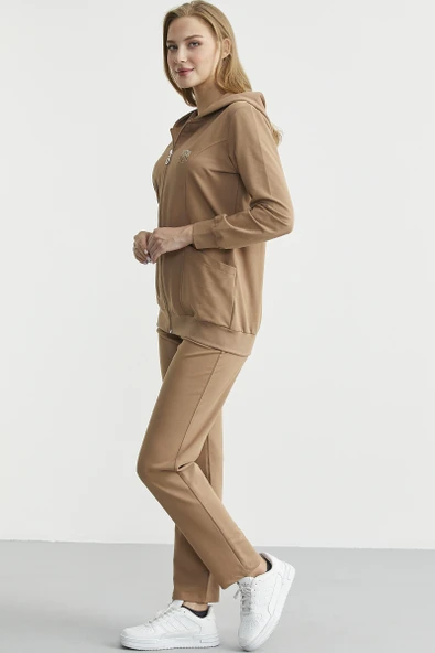 Oversize Kapüşonlu Fermuarlı Eşofman Takım - Kamel - Resim 5