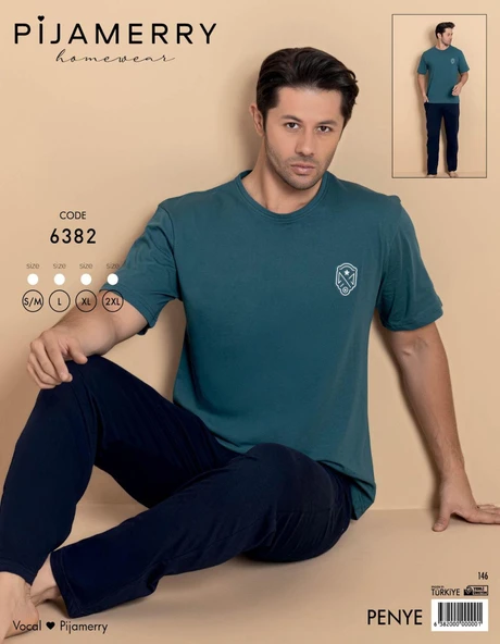Pijamerry Erkek Bisiklet Yaka Kısa Kol Penye Pijama Takımı 6382 - 1 Adet  XL Yeşil - Resim 2