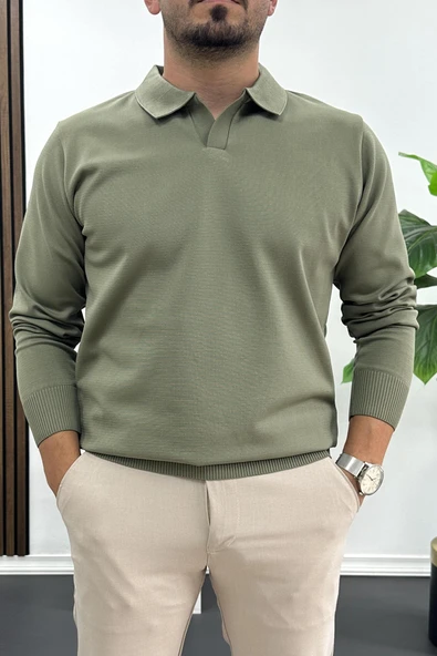 Erkek Açık Yaka Düz Desen Normal Kalıp Kazak Haki Edw423 ürün görseli