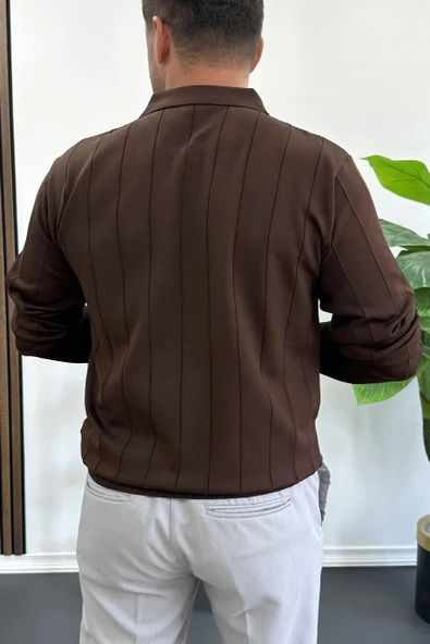 Erkek Yarım Fermuarlı Polo Yaka Mevsimlik Kazak Kahverengi Edw195 - Resim 3