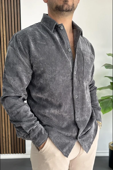 Erkek Kadife Kumaş Gömlek Füme Edw415 - Resim 2