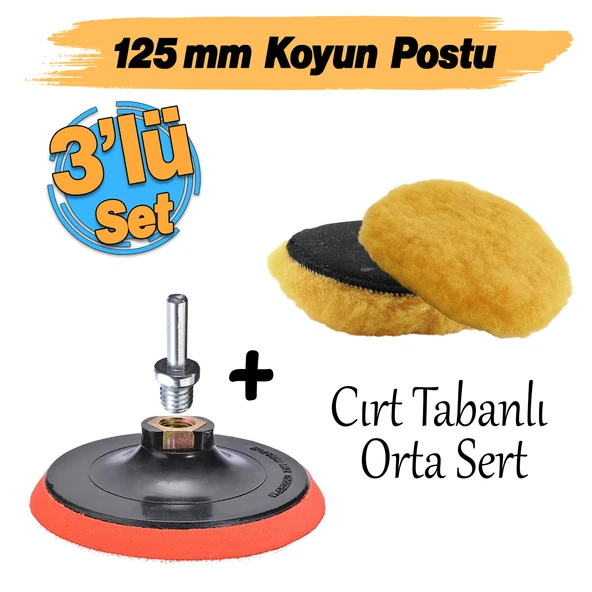 Sarı Renk (3'lü Set) Orta Sert Koyun Kuzu Postu Pedi Ø 125 mm Pasta Cila Polisaj Cırt Taban + M14 - Resim 2
