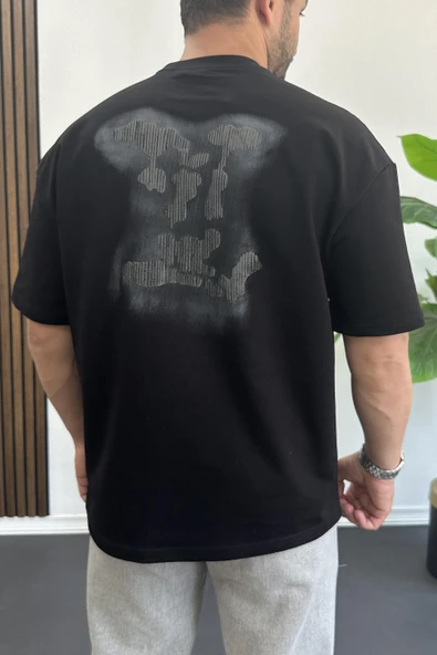 Erkek Kabartmalı Sırt Baskılı Oversize Tişört Siyah Edw390 ürün görseli