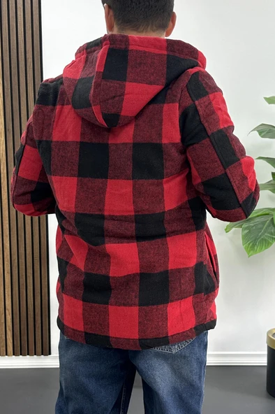 Erkek İçi Kürklü Kapüşonlu Ceket Kırmızı Edw418 - Resim 4