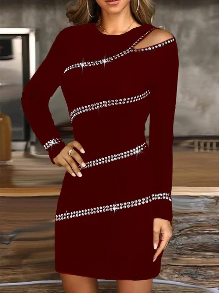 Kadın Uzun Kollu Omuz Pencere Detay Taş Işlemeli Dalgıç Mini Elbise ürün görseli 1