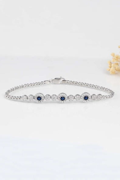 Gümüş Pazarım Safir Taşlı Su Yolu Pırlanta Montür Rodyum Kaplama Gümüş Bileklik - Resim 4