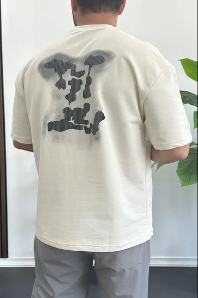 Erkek Kabartmalı Sırt Baskılı Oversize Tişört Krem Edw390 ürün görseli