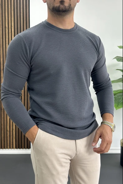 Erkek Oval Kesim Bisiklet Yaka Mevsimlik Sweatshirt Füme Edw421 - Resim 2