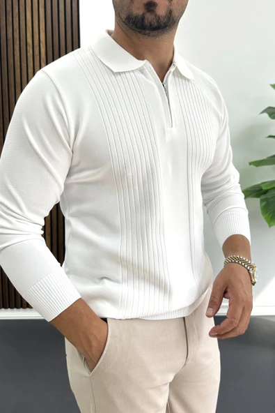 Erkek Çizgi Desenli Normal Kalıp Kazak Beyaz Edw422 - Resim 2