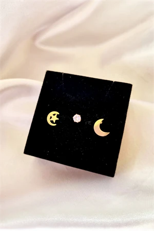 3'lü Ayyıldız Ay Tektaş Küpe Set - 2