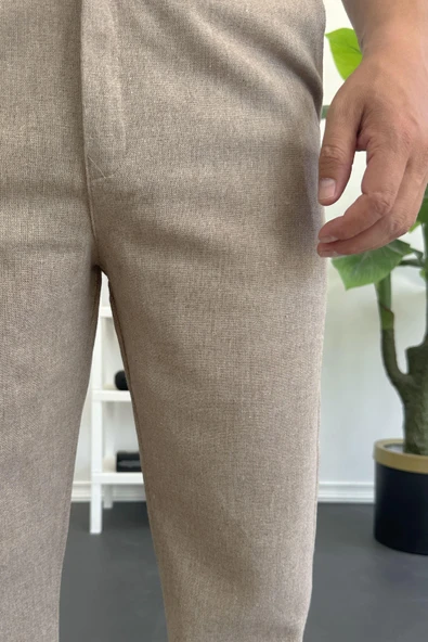 Erkek Normal Kesim Keten Pantolon Açık Kahverengi Edw386 - Resim 5