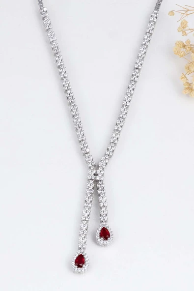 Gümüş Pazarım Yakut Taşlı Damla Motifli Rodyum Kaplama Gümüş Kolye - 4