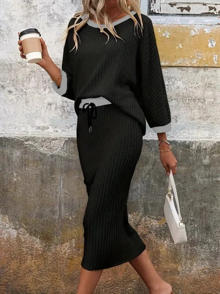 MDB Kadın Uzun Kollu Yakası Açık şardonlu Kaşkorse Bluz Ve Eteği Bağcıklı Ikili Takım - Resim 4