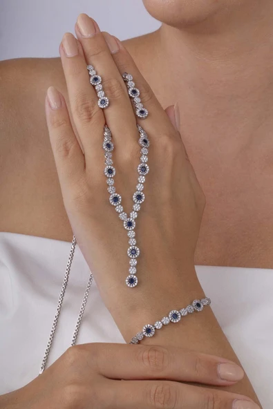 Gümüş Pazarım Safir Taşlı Su Yolu Pırlanta Montür Rodyum Kaplama Gümüş Düğün Seti - Resim 3