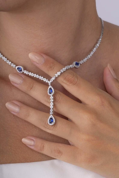 Gümüş Pazarım Safir Taşlı Damla Motifli Rodyum Kaplama Gümüş Kolye - Resim 3