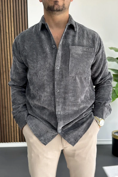 Erkek Kadife Kumaş Gömlek Füme Edw415 ürün görseli