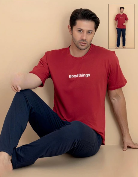 Pijamerry Erkek Bisiklet Yaka Kısa Kol Penye Pijama Takımı 6318 - 1 Adet  L Kırmızı ürün görseli