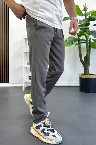 Erkek Slim Fit Beli İpli Düğmeli Pantolon Gri Edw403 - Resim 2
