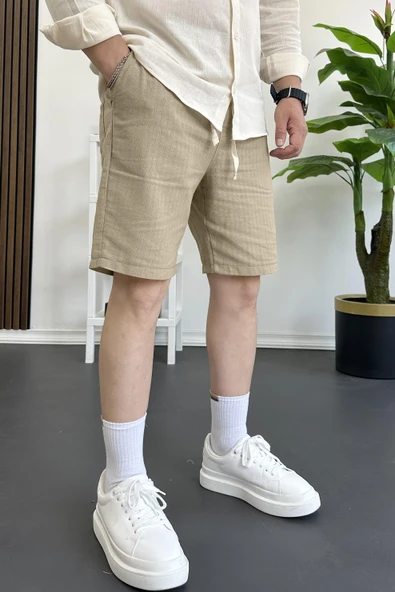 Erkek Beli Lastikli Keten Kumaş Şort Kahverengi Edw370 - Resim 3