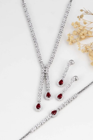 Gümüş Pazarım Yakut Taşlı Damla Motifli Rodyum Kaplama Gümüş Düğün Seti - 4