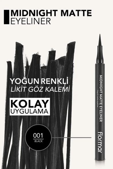 Flormar Midnight Matte Yüksek Pigmentli & Mat Bitişli Likit Göz Kalemi 001 BLACK - Resim 4