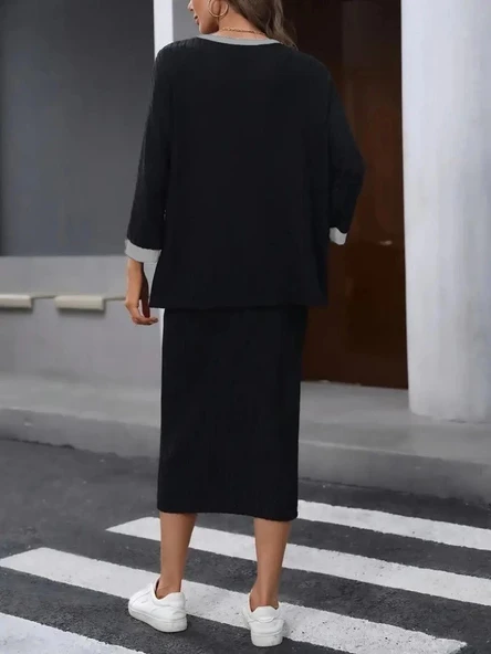 MDB Kadın Uzun Kollu Yakası Açık şardonlu Kaşkorse Bluz Ve Eteği Bağcıklı Ikili Takım - Resim 3