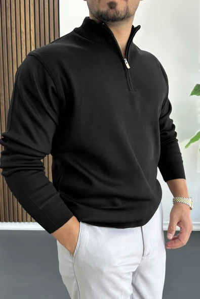 Erkek Yarım Fermuarlı Normal Kalıp Kazak Siyah Edw411 ürün görseli