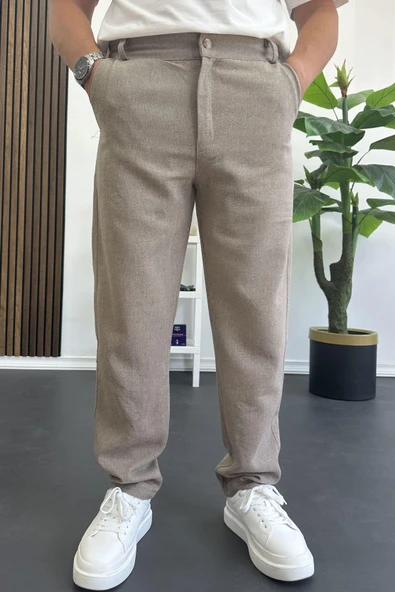 Erkek Normal Kesim Keten Pantolon Açık Kahverengi Edw386 - Resim 3