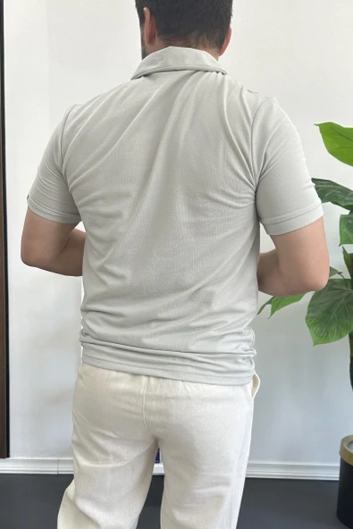 Erkek Yakası ve Kolu Nakış Detaylı Polo Yaka Fermuarlı Tişört Gri Edw392 - Resim 3