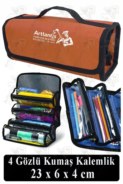 4 Gözlü Kalem Çantası 1 Adet Dört Bölümlü Kalemlik Sanatsal Şeffaf Bölmeli Kulplu Taşınabilir Kumaş Kalemlik - 7