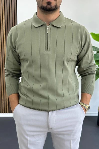 Erkek Yarım Fermuarlı Polo Yaka Mevsimlik Kazak Haki Edw195 ürün görseli