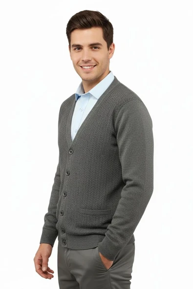 Erkek Düğmeli Hırka Cepli Çelik Örgü Klasik Kalıp 5212M BGL-ST04848 - Resim 5