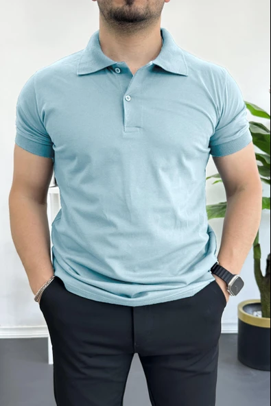 Erkek Slim Fit Düz Renk Pamuklu Soft Polo Tişört Açık Mavi Edw365 ürün görseli