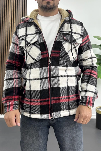 Erkek İçi Kürklü Kapüşonlu Ceket Beyaz Edw418 - Resim 3