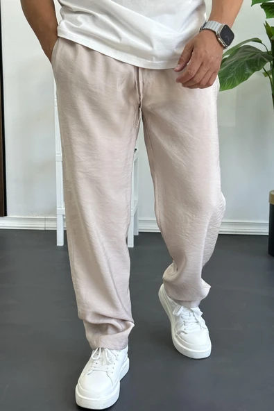 Erkek Beli Lastikli Modal Kumaş Rahat Kesim Pantolon Krem Edw396 - Resim 2