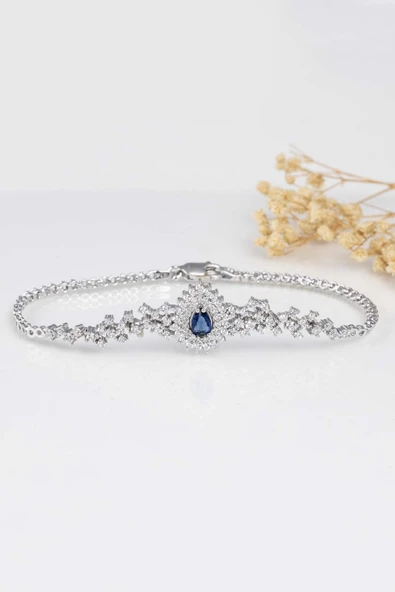 Gümüş Pazarım Hürrem Sultan Modeli Safir Taşllı Damla Motifli 925 Ayar Gümüş Bileklik - 4