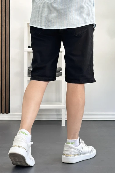 Erkek Slim Fit Likralı Kot Şort Siyah Edw166 - Resim 3