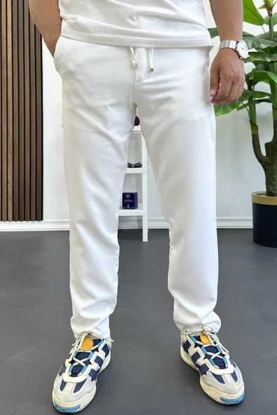Erkek Slim Fit Beli İpli Düğmeli Pantolon Beyaz Edw403 ürün görseli