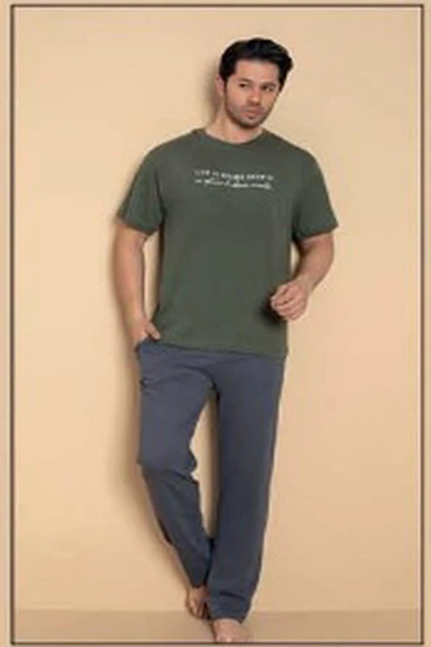 Pijamerry Erkek Bisiklet Yaka Kısa Kol Penye Pijama Takımı 6133 - 1 Adet  2XL Haki - Resim 3