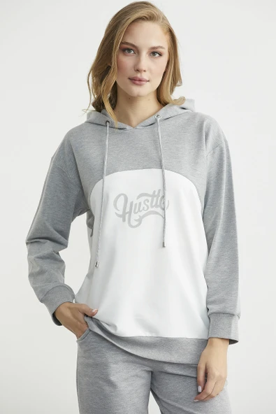 Oversize Kapüşonlu Eşofman Takım - Gri - Resim 4