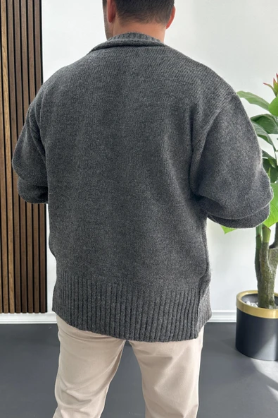 Erkek Düğmeli Rahat Kesim Hırka Antrasit Edw416 - Resim 4