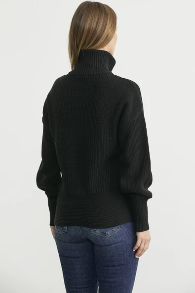 Dik Yaka Fermuarlı Bel Detaylı Triko Hırka - Siyah - 6