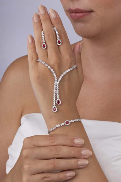 Gümüş Pazarım Yakut Taşlı Damla Motifli Rodyum Kaplama Gümüş Düğün Seti