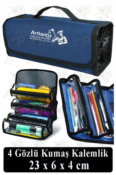 4 Gözlü Kalem Çantası 1 Adet Dört Bölümlü Kalemlik Sanatsal Şeffaf Bölmeli Kulplu Taşınabilir Kumaş Kalemlik - 2