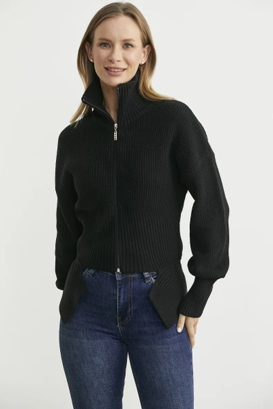 Dik Yaka Fermuarlı Bel Detaylı Triko Hırka - Siyah - 2