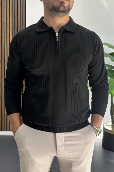 Erkek Çizgi Desenli Normal Kalıp Kazak Siyah Edw422 ürün görseli